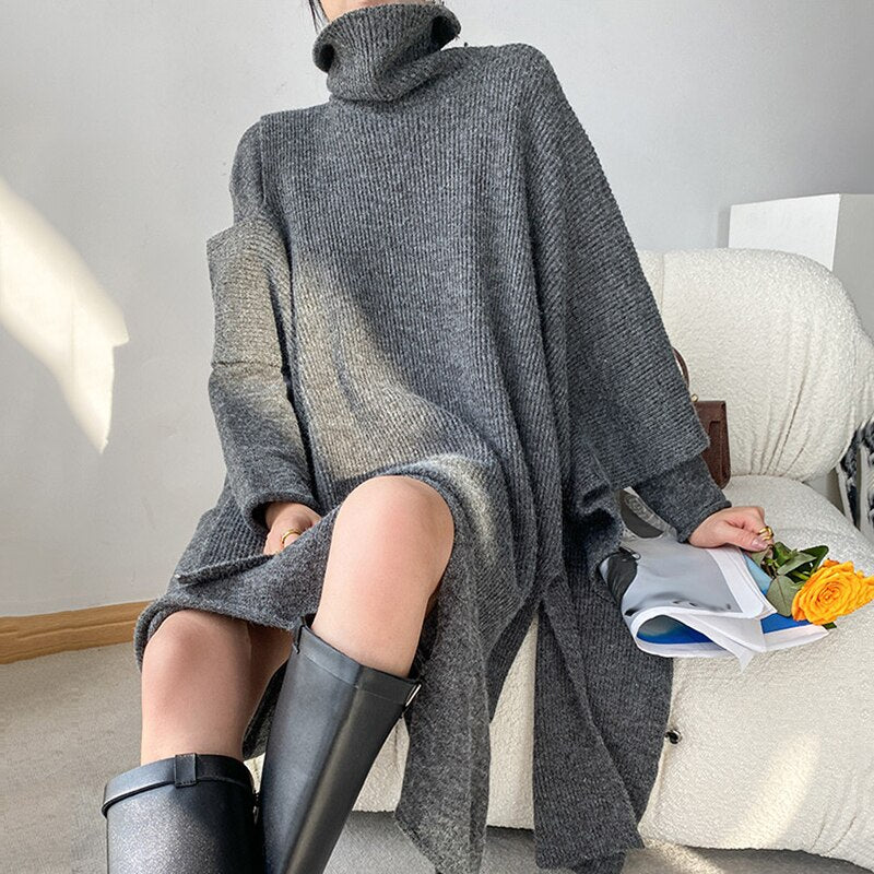 Irregular Two Piece Knitting Sweaters Fashion Solid Color Turtleneck Pullover Top Autumn Winter All-match New