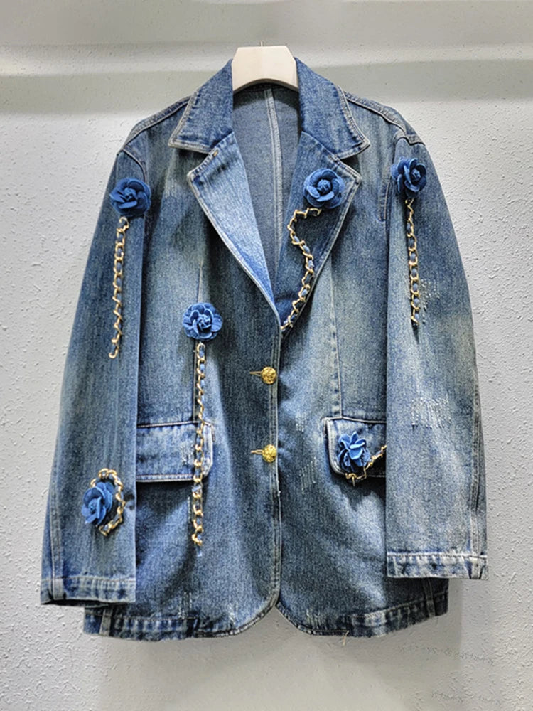 Women Denim Blazer Patchwork Flowers Gold Chains Washed Notched Collar Elegant Suit Jackets  Autumn New Fashion