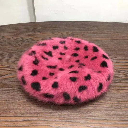 Dr. Powtry's Beret Women Rabbit Fur Spotted Leopard Beret Sherlock Hat Beret Cute Elegant Beret Warm Hat Elegant Ladies Winter Hat Wholesale