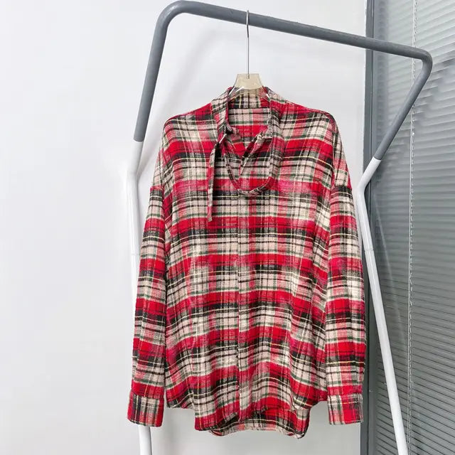 Autumn Women Red Plaid Shirt Lace-Up Stand Collar Long Sleeve Single Breasted Female  Loose Blouse