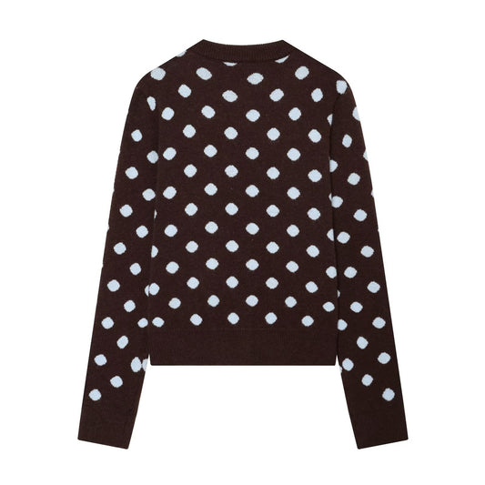 Button up round neck polka dot knit sweater jacket for women