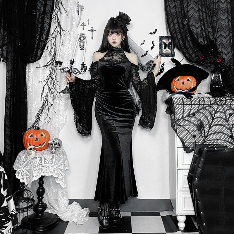 Chic Off-Shoulder Long Sleeve Witch Dress for Women, Dark Gothic Style, Sexy Fitted Maxi Dress