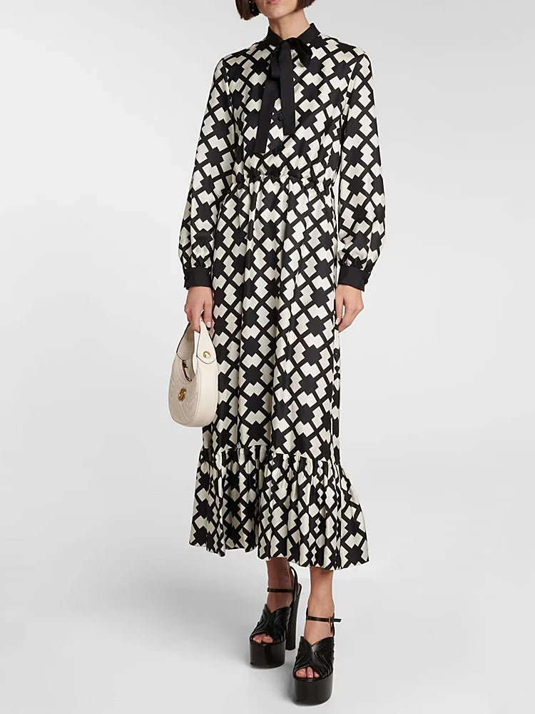 New High Quality Spring Autumn Fashion Party Black And White Printed Lace Up Slim Vintage Elegant Casual Long Dresses For Women