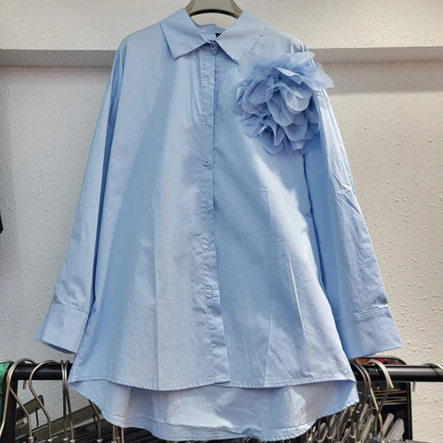 Fashion Three Dimensional Flower Design T-shirts For Women  Autumn New Loose Solid Color Long Sleeved Shirt