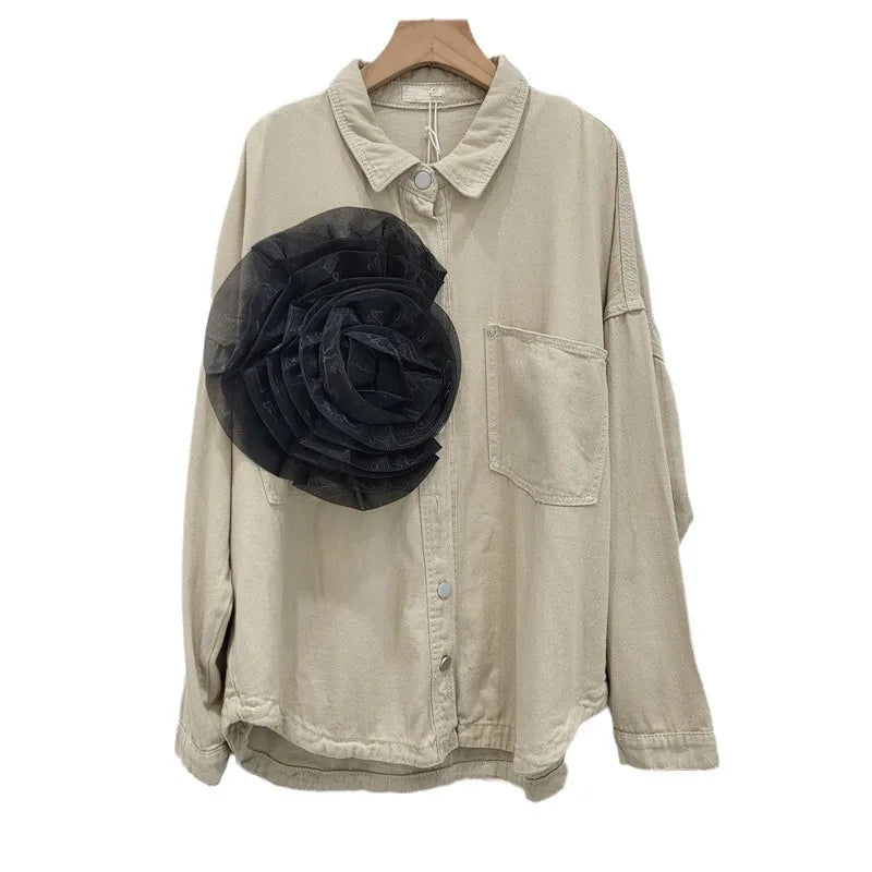 Pleated Flower Decoration Denim Shirt Top For Women  Autumn New Fashion Loose Versatile Casual Blouse Female