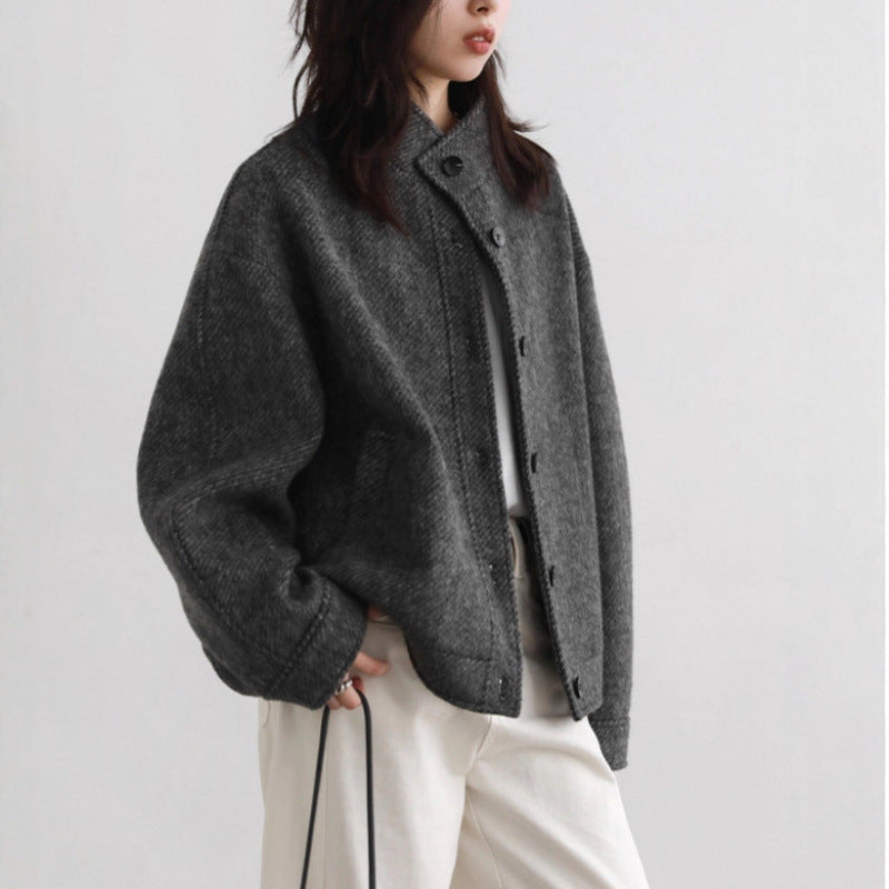 Retro Style Early Winter New Arrival Stand Collar Twill Texture Single Breasted Wool Blend Short Coat for Women