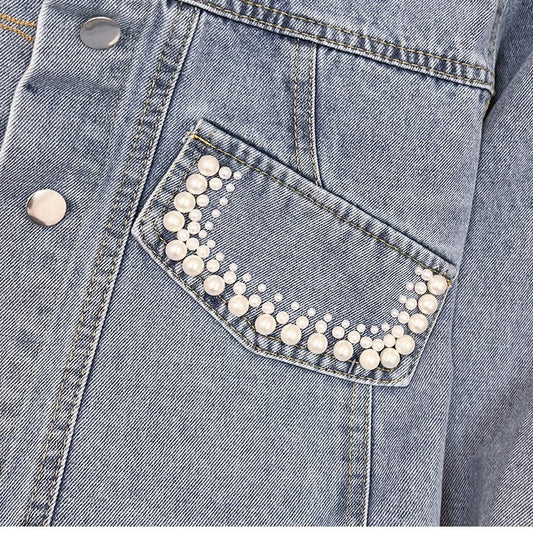 Design Denim Jacket for Women Spring Autumn Loose Fit Embroidered Beaded Outerwear Coat