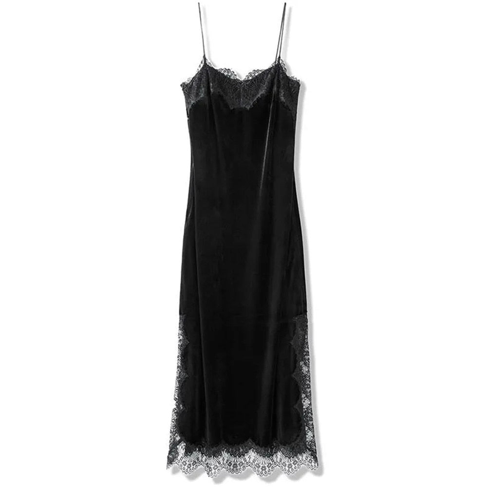 Goth Vintage Black Long Skirt Aesthetic Elegant Lace Patchwork Velvet Skirt Gothic Sexy Side Split Hight Wait Slit Party Skirt