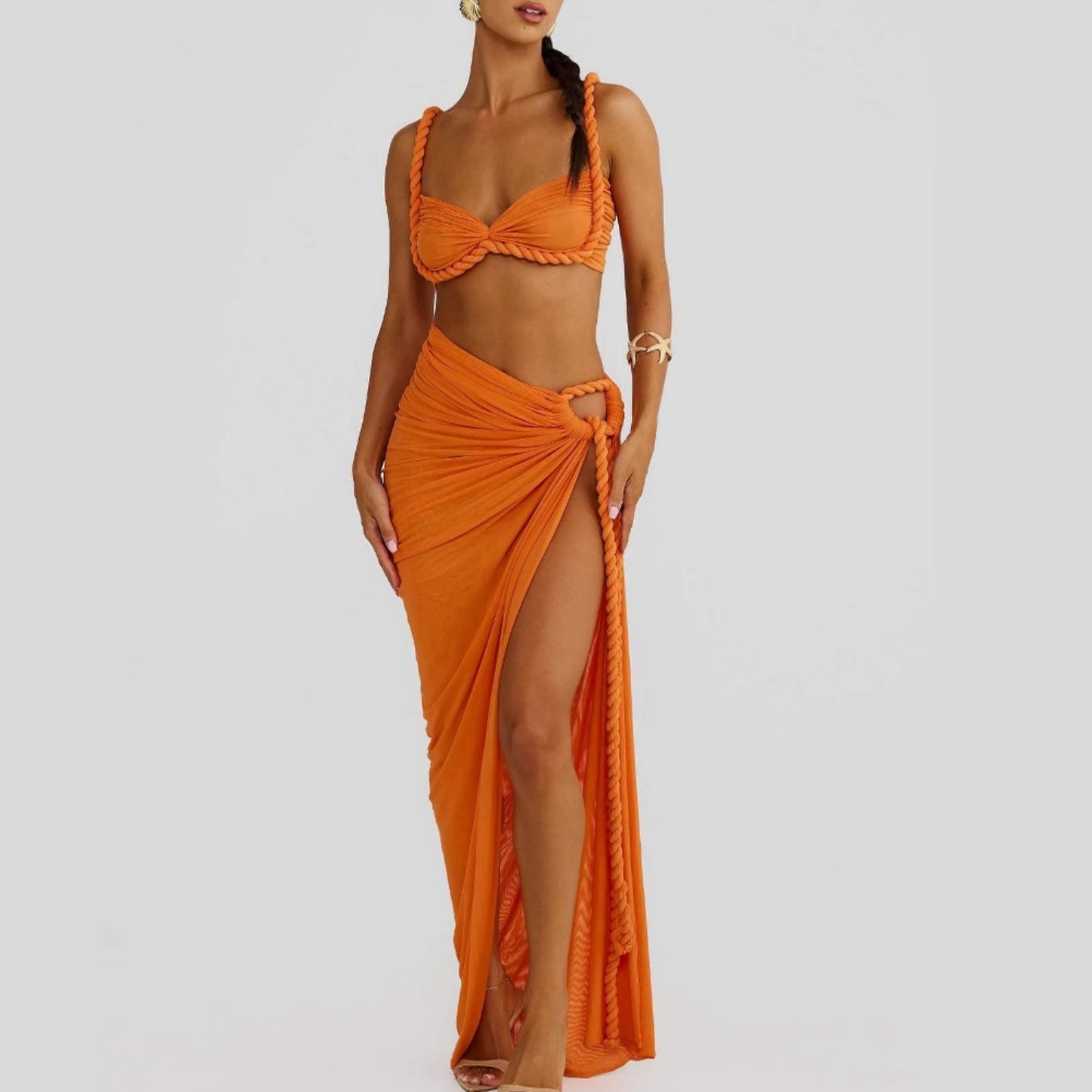 KISCHA Beach vacation swimsuit woven camisole top split skirt set