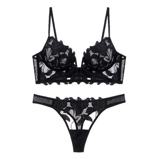 LA BELLA Sexy lingerie ultra-thin deep V-embroidered lace lingerie women's plus size bra set bra