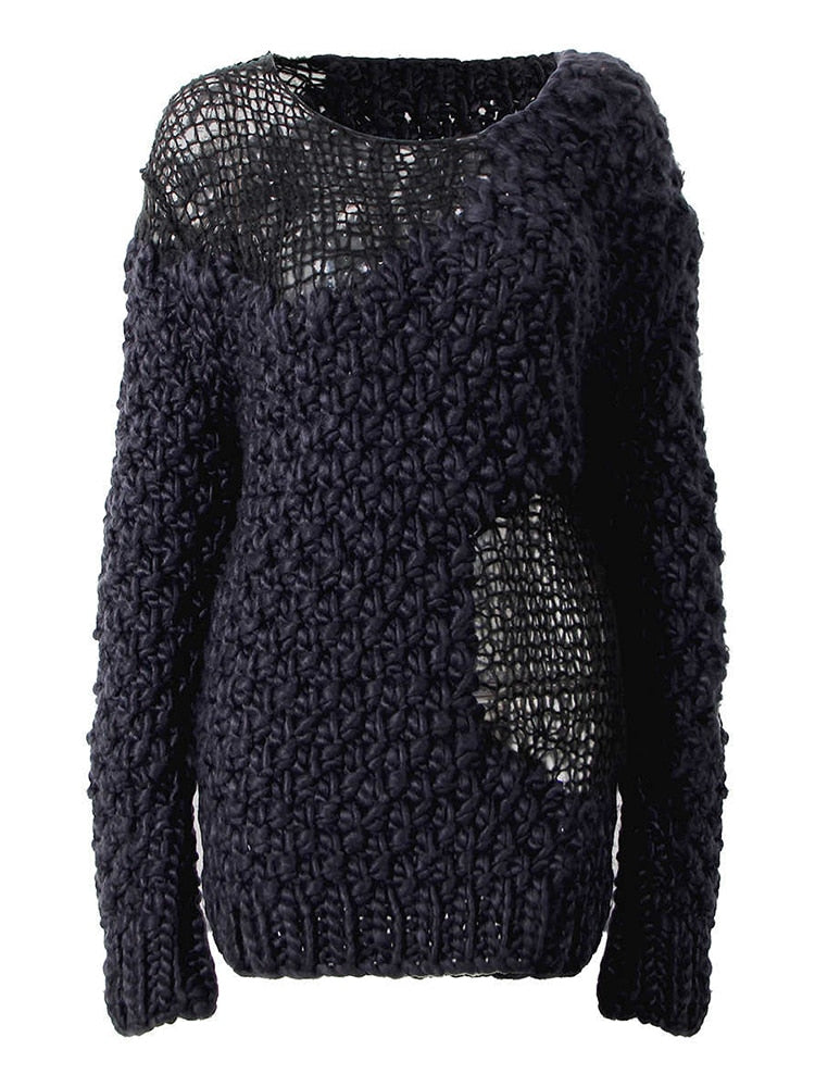 Broken Round Neck Full Sleeves Knitting Pullover Loose Female Top Autumn And Autumn Fashion Women Knits