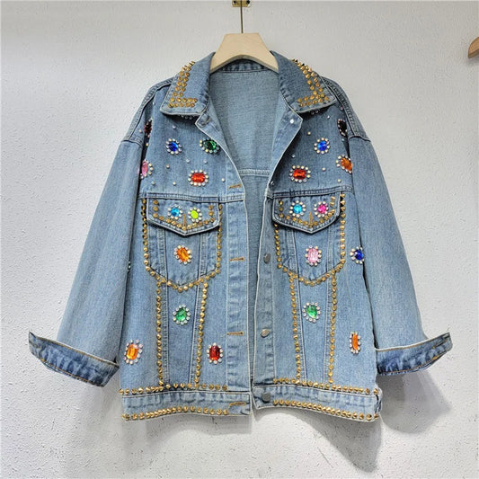 Diamond Colorful Denim Jacket Women Beading Decoration Long Sleeve Loose Patchwork Coat  Autumn New Tide Outwears