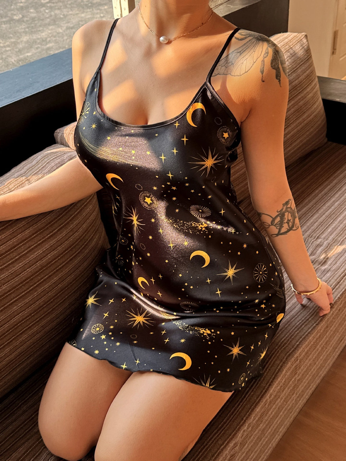 Elegant Star and Moon Pattern Strappy Satin-like Silk Sleep Dress for Women LightweightLoose Fit, Nightwear