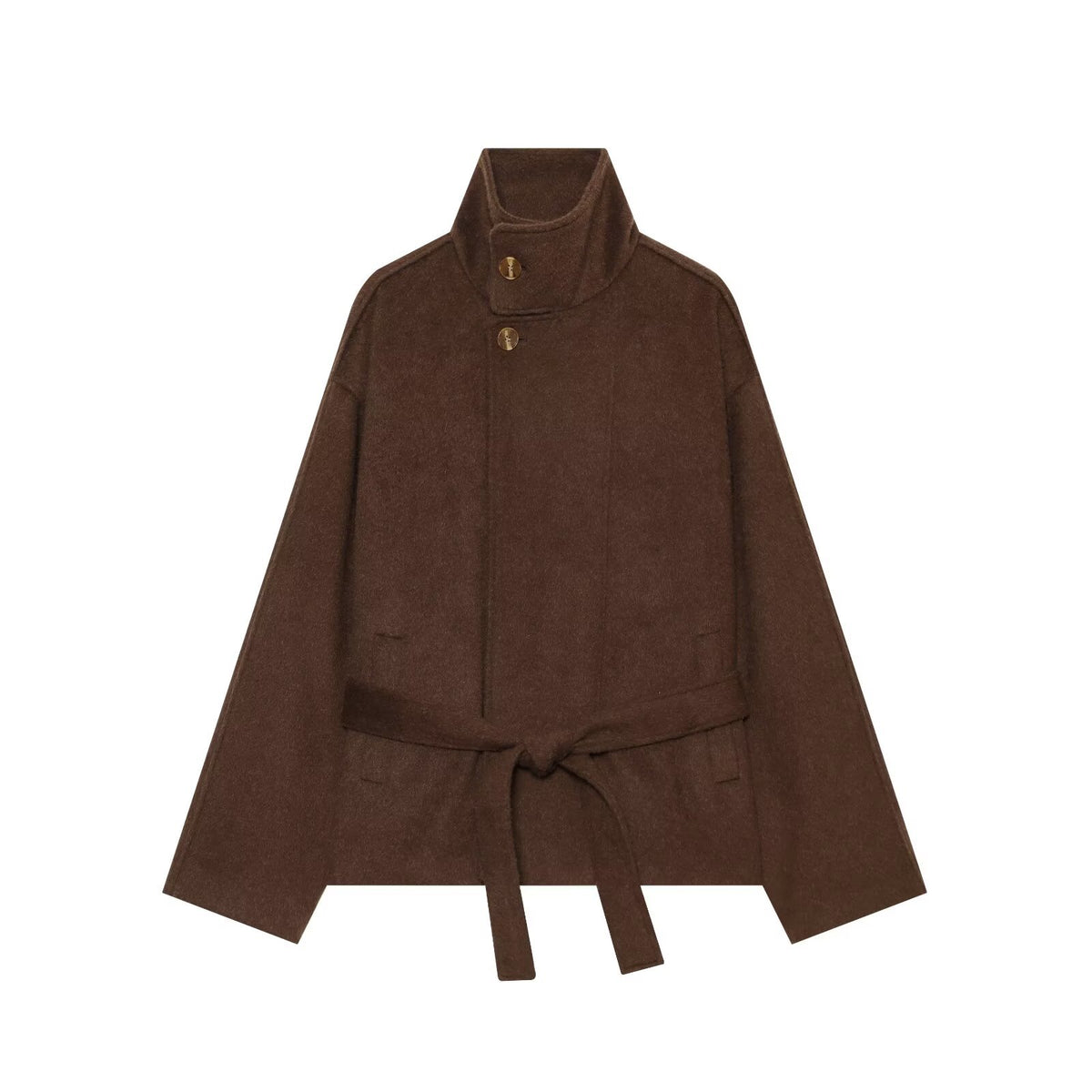 Wearing a long sleeved woolen jacket with a belt for women
