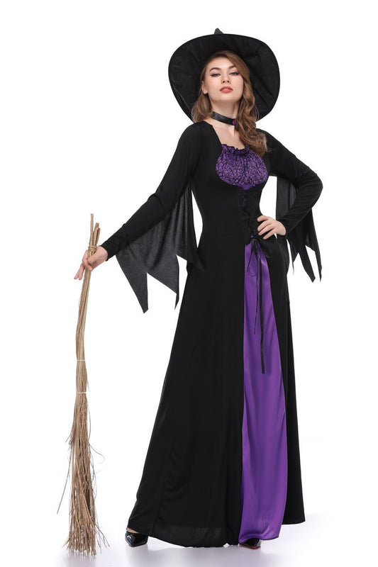 Magic Witch Costume for Women Adult Halloween Purple Long Dress Cosplay Outfit