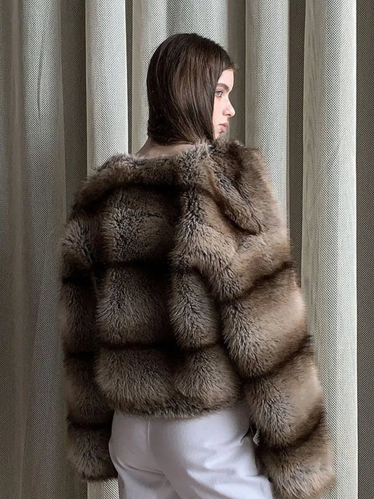 Gradient Striped Faux Mink Fur Coat Maillard Lazy Style Eco-Friendly Long Fur Commute Loose Fashion Warm Women Coats Outwear