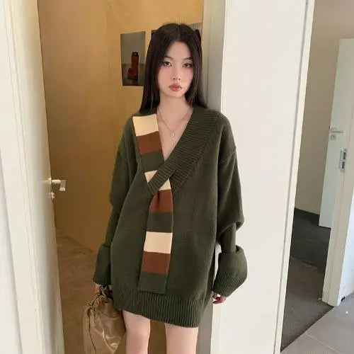 Retro Patchwork Sweater Women Clothes Long Sleeve Warm Knitted Tops Autumn Winter Pullovers Ladies Jumpers Chic