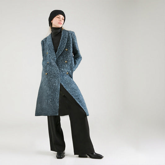 Solid Temperament Long Coat For Women V Neck Long Sleeve Spliced Double Breasted Loose Minimalist Coats Female New