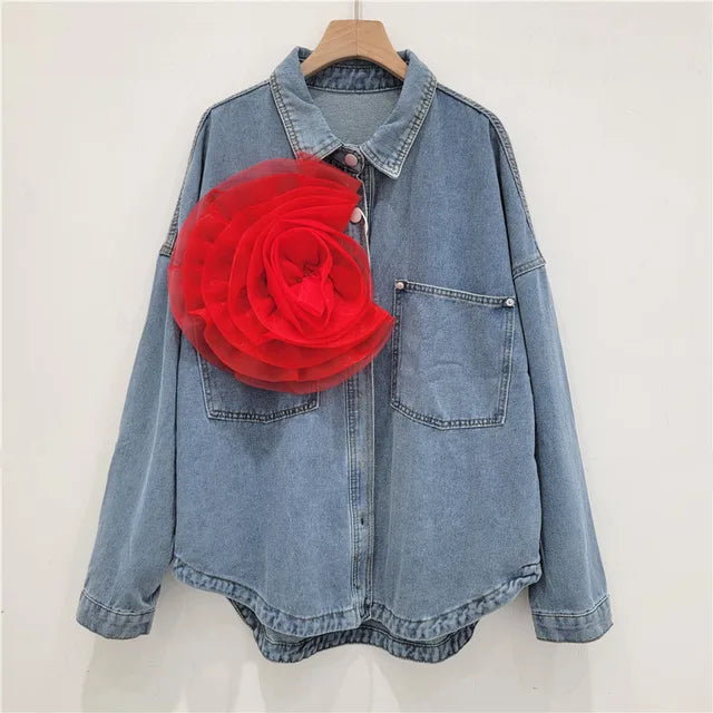 Pleated Flower Decoration Denim Shirt Top For Women  Autumn New Fashion Loose Versatile Casual Blouse Female