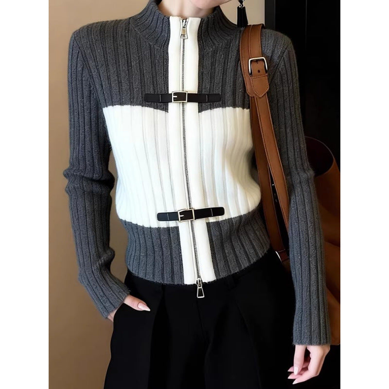 Elegant Color-Blocked Versatile Half-Stand Collar Zip-Up Knit Cardigan Women's Commuter Style Top