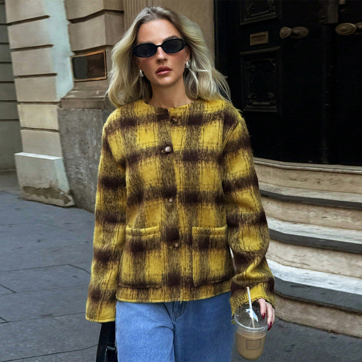 Color woven woolen plaid coat for women in autumn