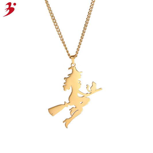 New Products Ladies Angel Stainless Steel Sweater Necklace Halloween Jewelry Gifts Witch Pendant