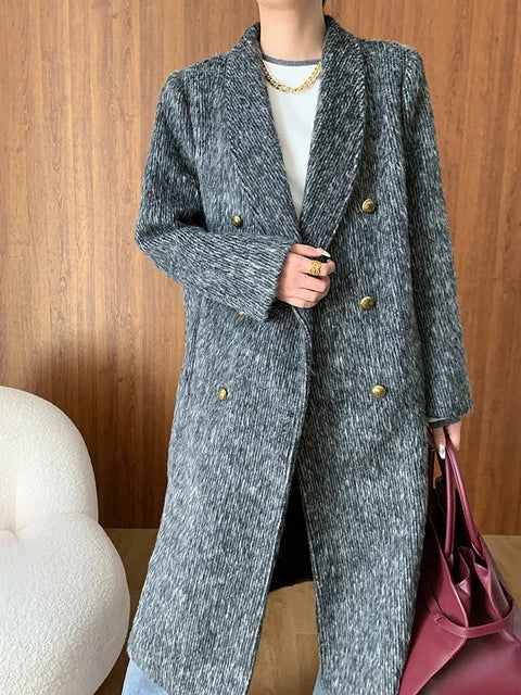 Solid Temperament Long Coat For Women V Neck Long Sleeve Spliced Double Breasted Loose Minimalist Coats Female New