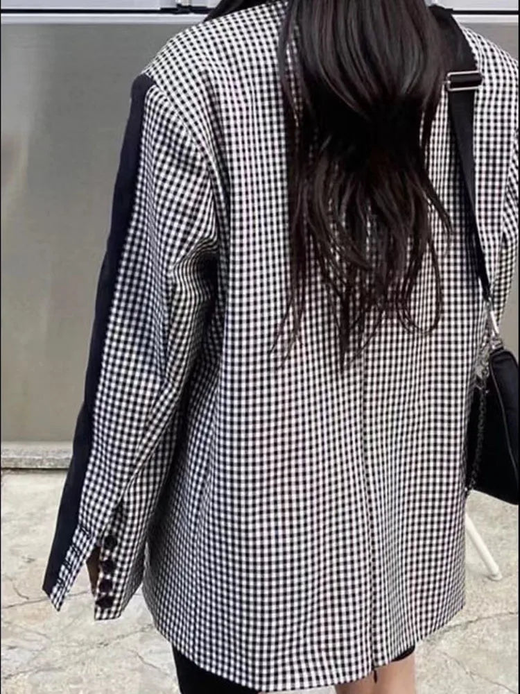 Korean Plaid Contrast Color Patchwork Suit Jackets High Quality Casual Outerwear Coat For Women  Spring Autumn