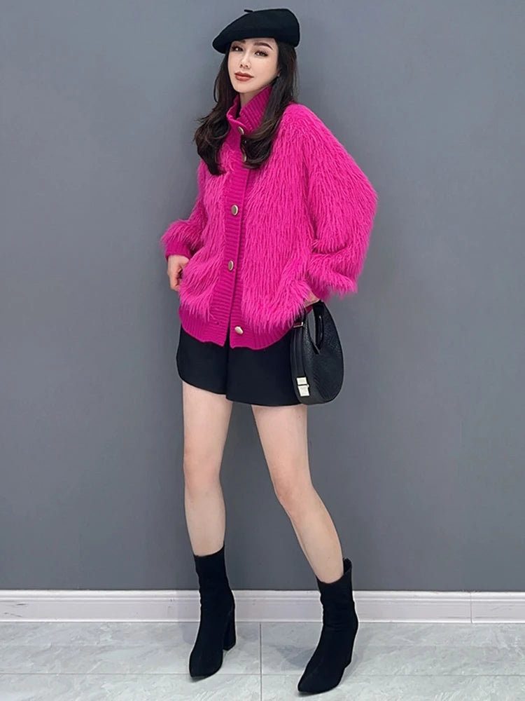 Design Sweater For Women Autumn New Turtleneck Single Breasted Solid Color Versatile Knit Cardigan