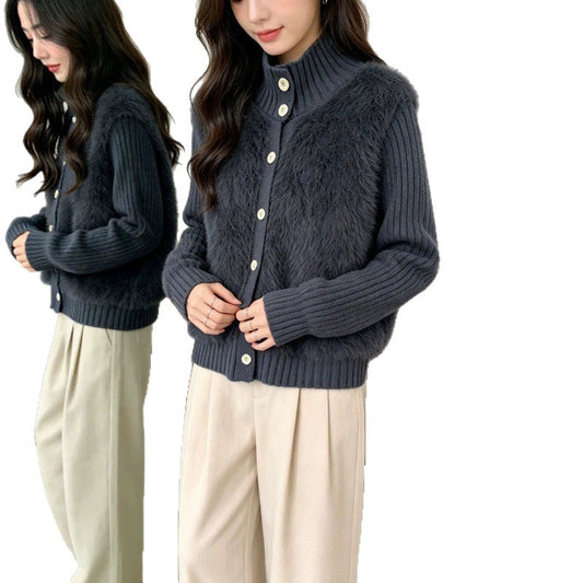 Stand up collar single breasted sweater