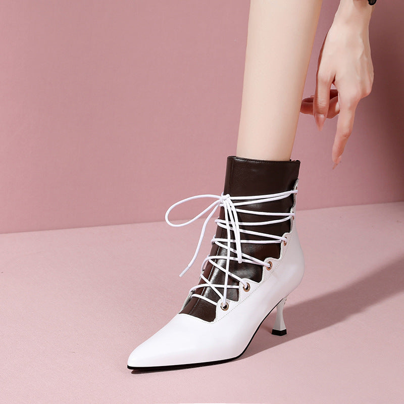 British Style Thin Heel Strap Martin Boots Women's Winter Pointed High Heel Plush Short Boots Fashion Color Matching Single Boots