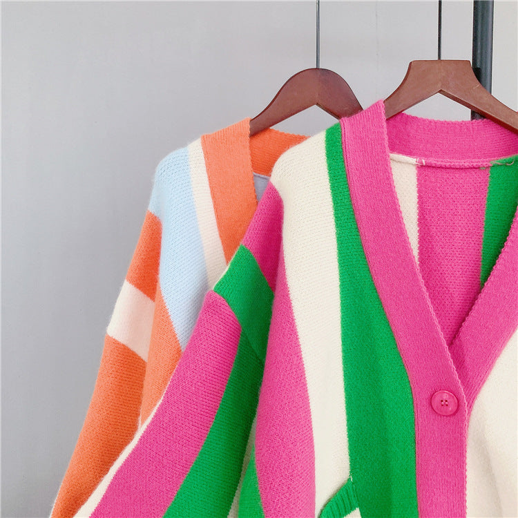 Autumn contrasting vertical striped sweater jacket for women, new loose and lazy knitted cardigan for women