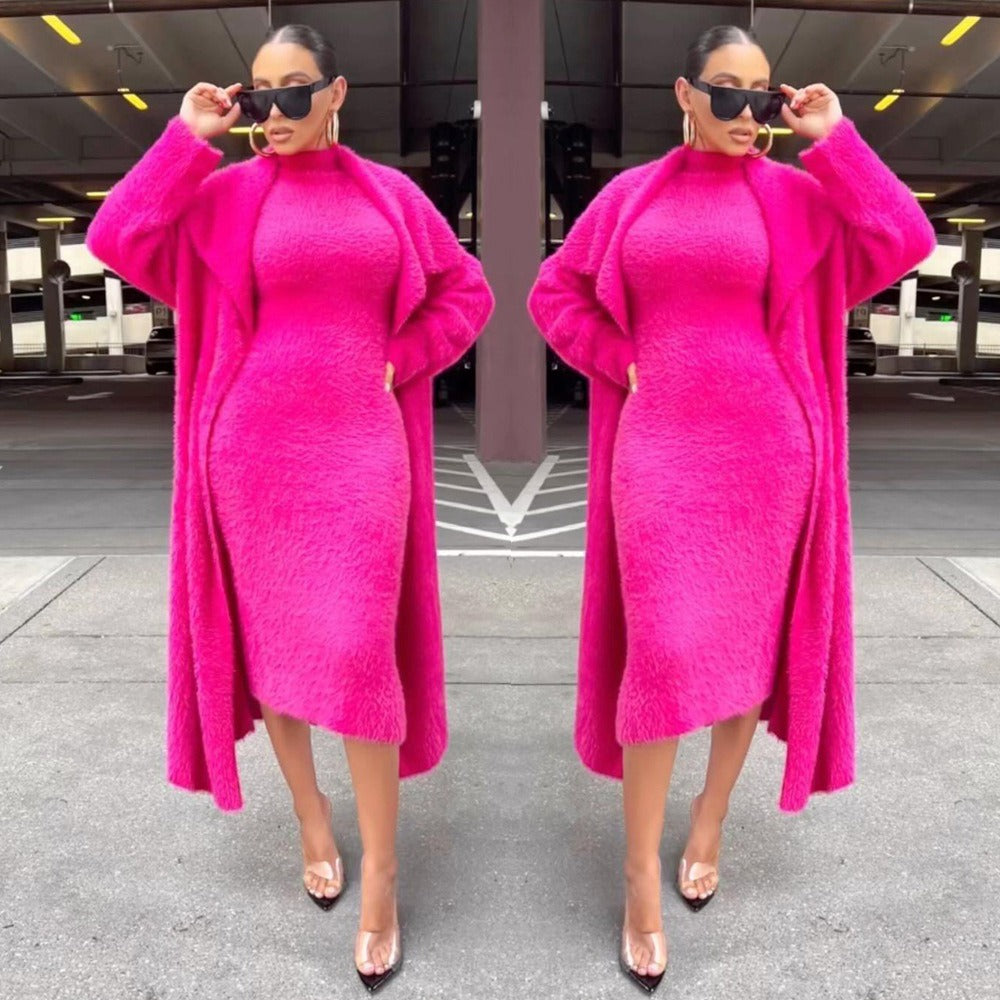 Women's autumn and winter new fashionable loose cardigan jacket double-sided velvet dress set for women