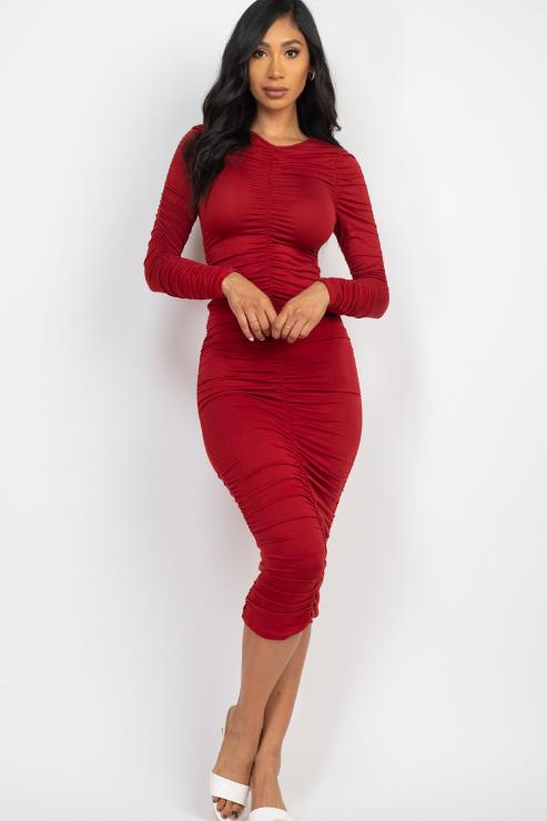 Ruched Long Sleeve Midi Dress (CAPELLA)
