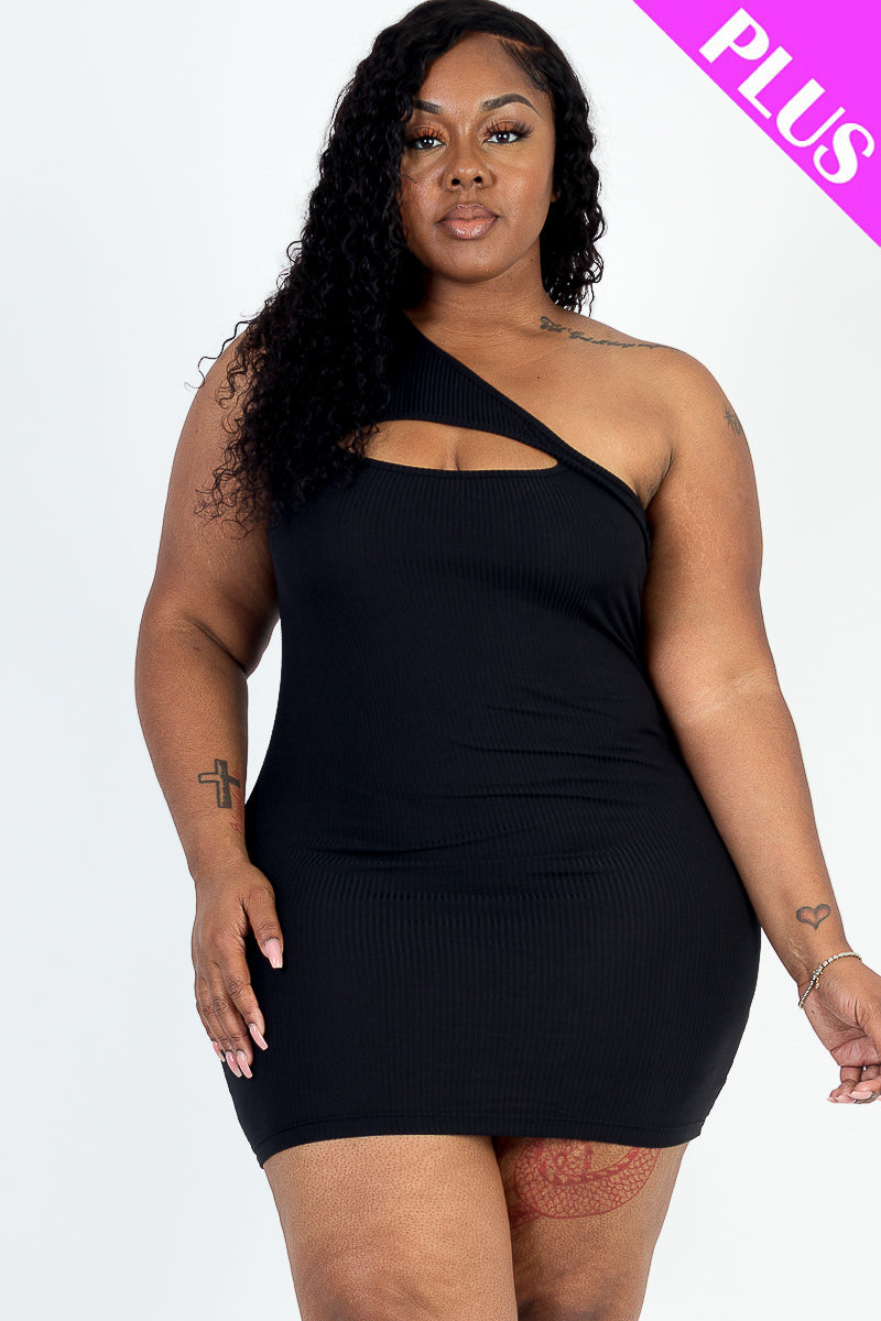 Plus Size Ribbed One Shoulder Cutout Front Casual Mini Bodycon Dress (CAPELLA)
