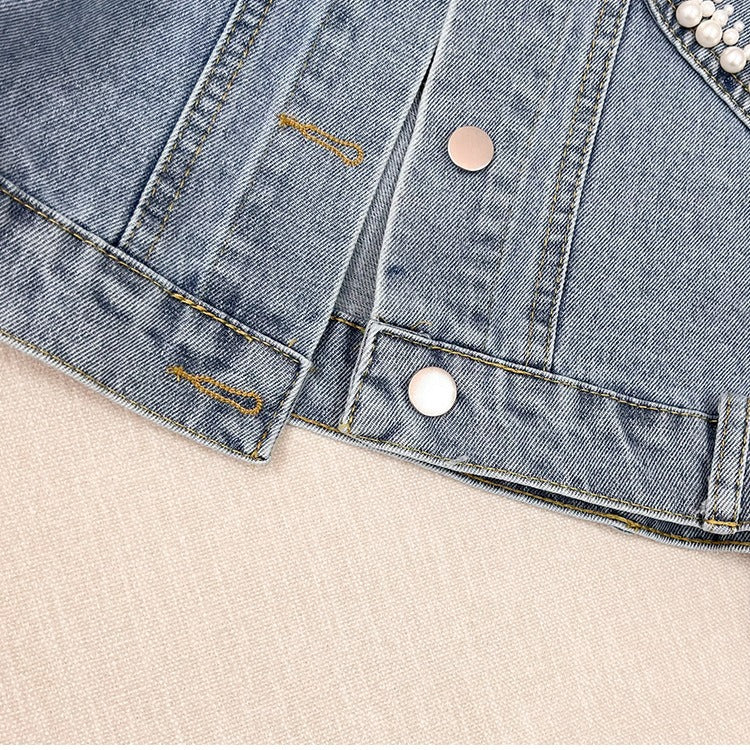Design Denim Jacket for Women Spring Autumn Loose Fit Embroidered Beaded Outerwear Coat