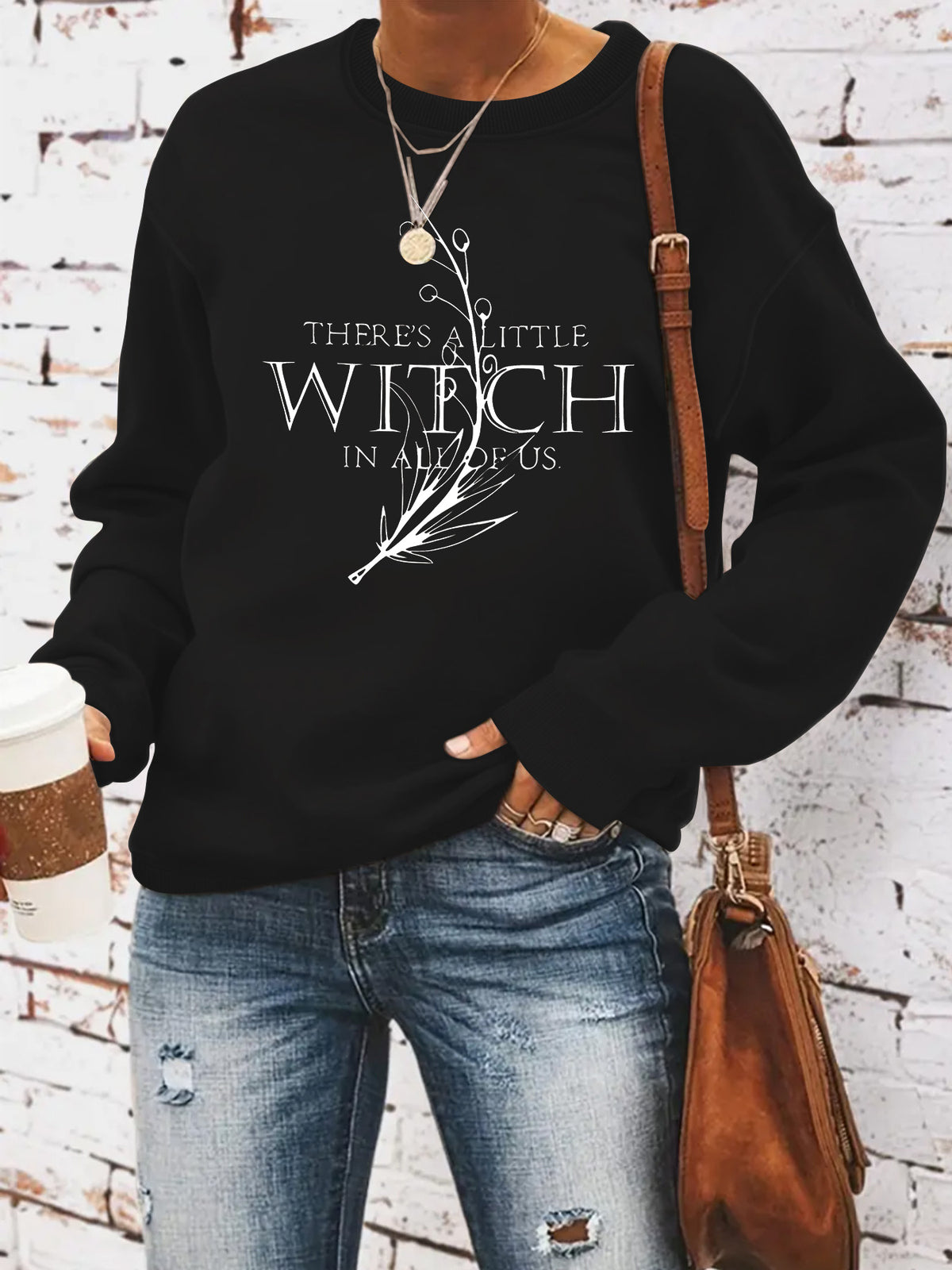 Living in a witch print round neck hoodie