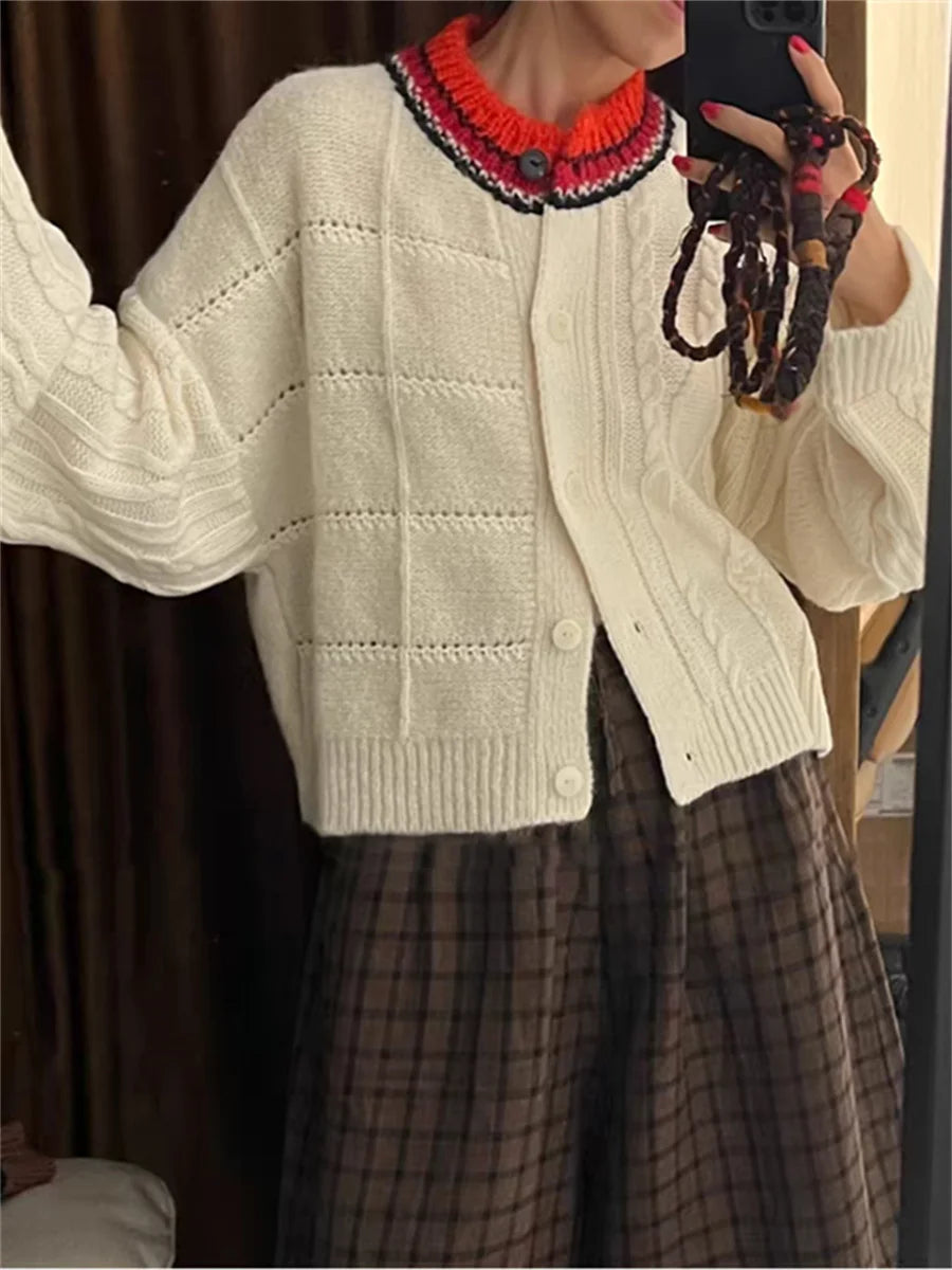 Contrast Color O-Neck Women Twisted Knitted Sweater Long Sleeve Single Breasted Asymmetry Autumn Female Cardigan