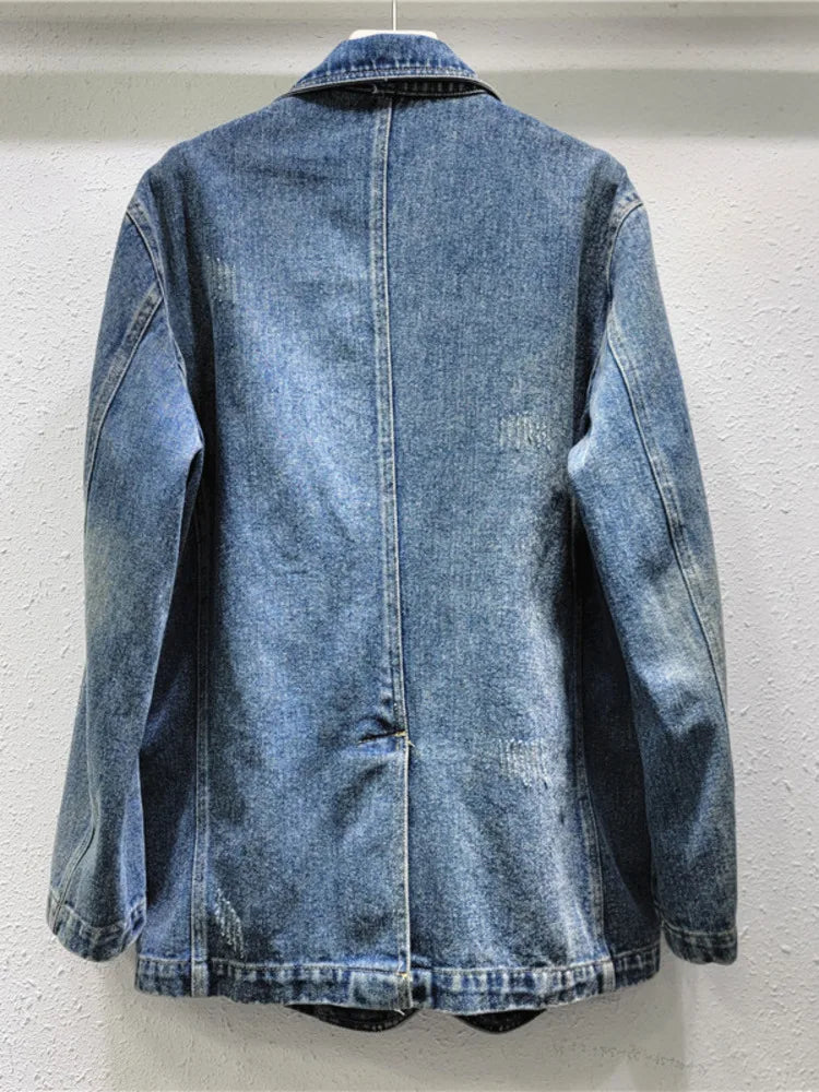 Women Denim Blazer Patchwork Flowers Gold Chains Washed Notched Collar Elegant Suit Jackets  Autumn New Fashion