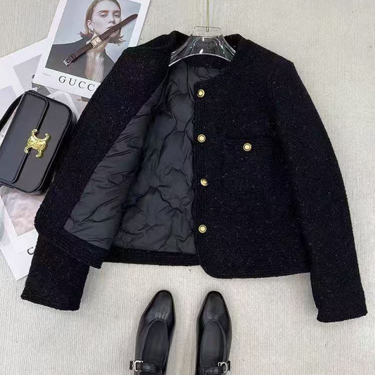 Fall Winter New Design Black Elegant Chic Short Coat for Women, Padded Thickened Top Fashion
