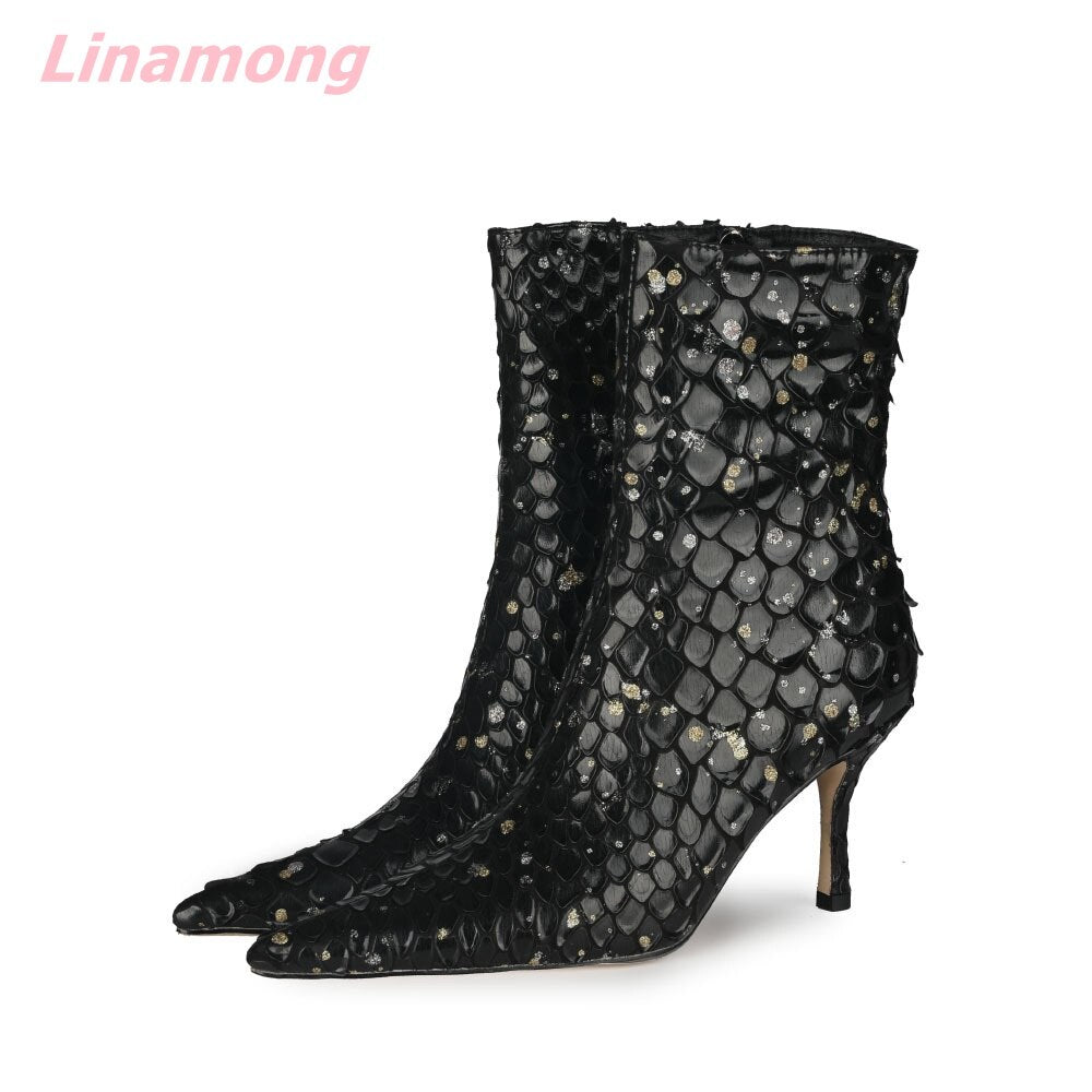 Autumn Brand Design Women Bling Boots Pointed Toe Thin High Heel Side Zipper Comfortable Sexy Retro Mid-Calf Office Party Shoes