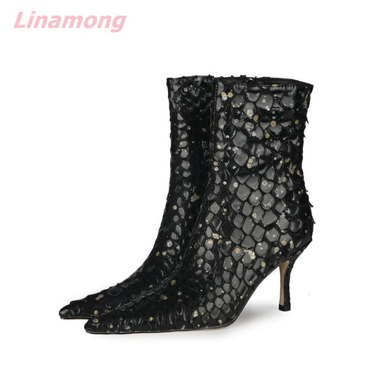 Autumn Brand Design Women Bling Boots Pointed Toe Thin High Heel Side Zipper Comfortable Sexy Retro Mid-Calf Office Party Shoes