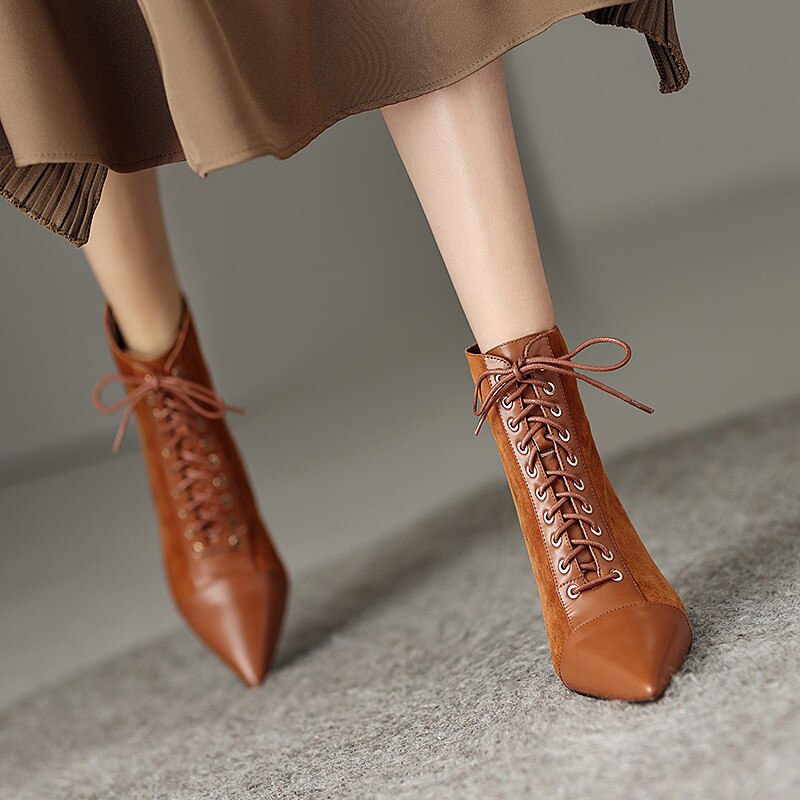Elegant Women Ankle Boots Pointed Toe Thin High Heels Female Office Genuine Leather Cross-Tied Shoes Woman
