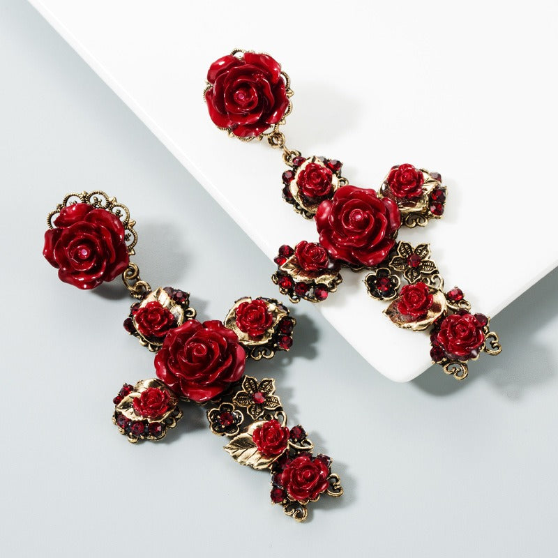 Fashionable Baroque Rose Flower Cross Long Earrings Retro European and American Earrings