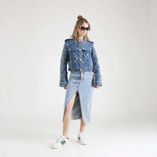 Women's Denim Jacket O-neck Embroidered Flares Diamond Badge of Pearls Buttons Plaid Elegant Coat  Autumn