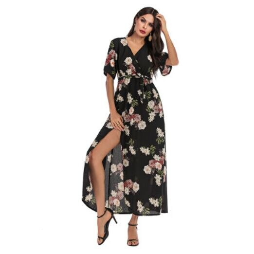 Dress Short Sleeve A Line  Floral Print Chiffon Deep V-Neck Split Sexy Women Summer Dresses Bohemian Beach Elegant Party Vestido