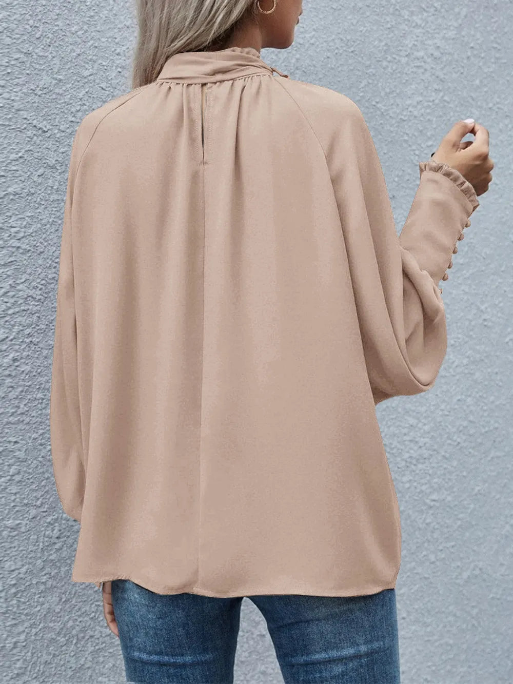 Badge of Pearls Tie Neck Lantern Sleeve Blouse