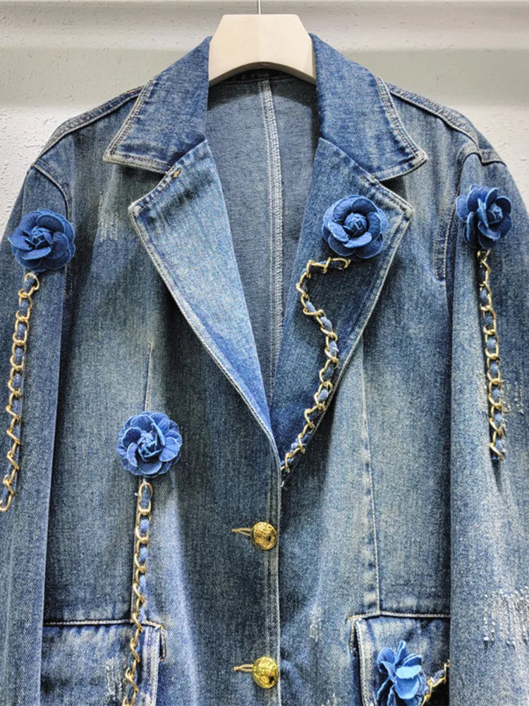 Women Denim Blazer Patchwork Flowers Gold Chains Washed Notched Collar Elegant Suit Jackets  Autumn New Fashion