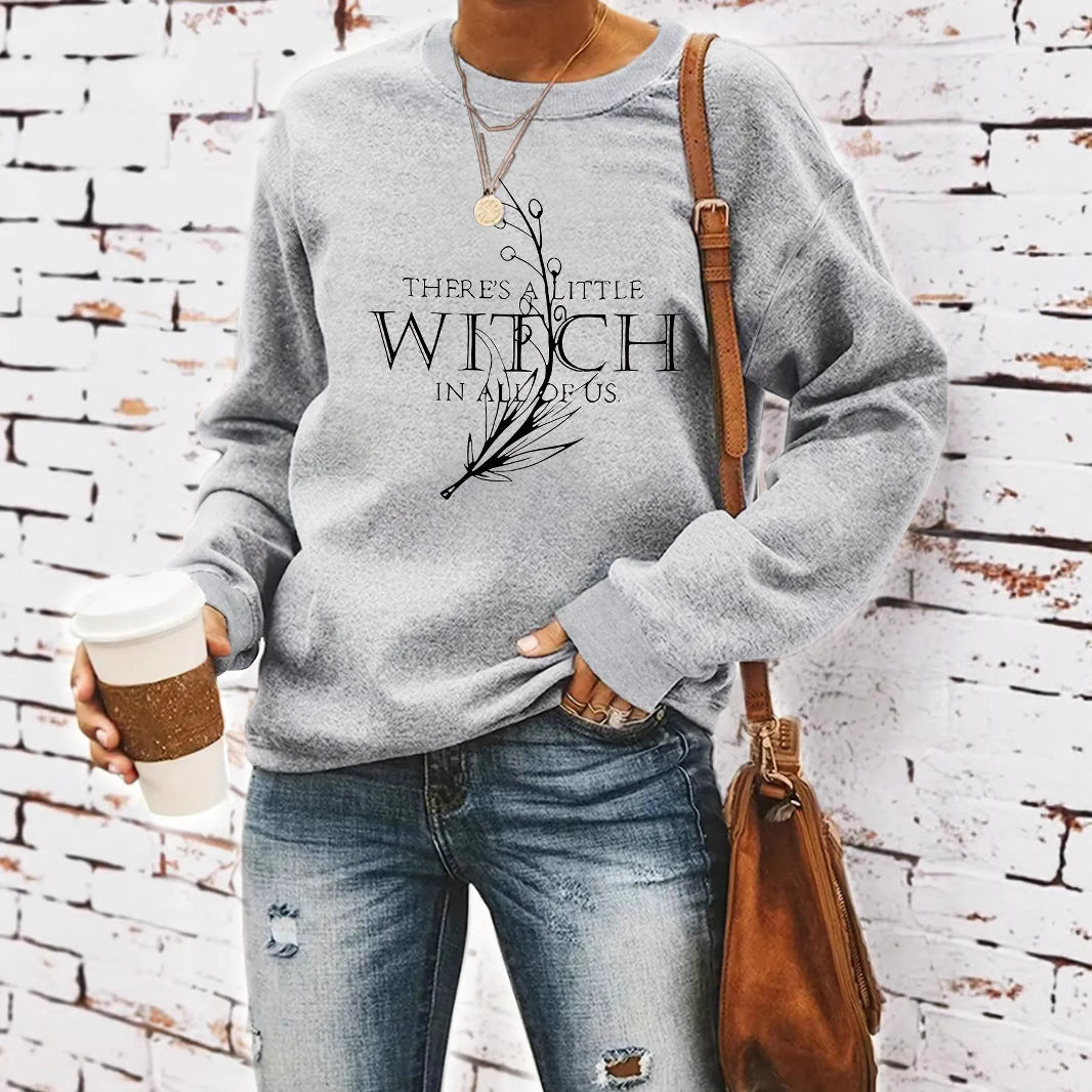 Living in a witch print round neck hoodie