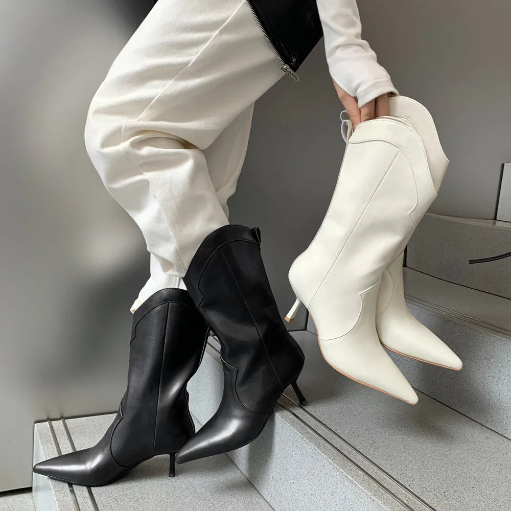 Women Mid-Calf Boots Pointed Toe Thin High Heels Mature Western Boots Autumn Winter Office Lady